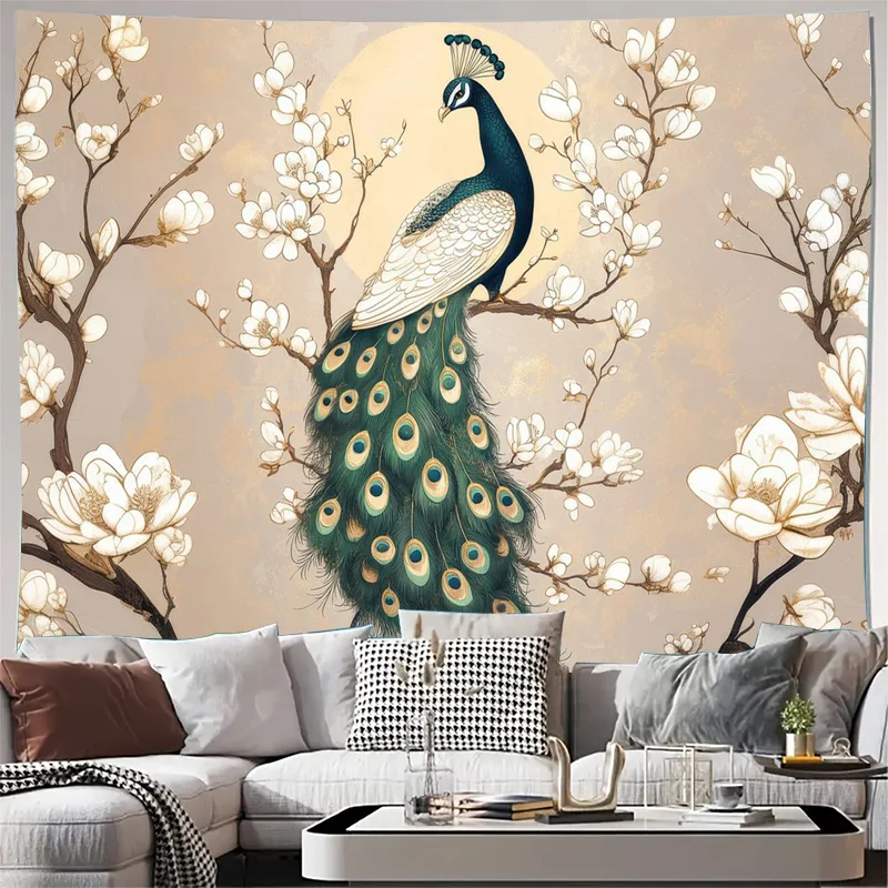 Vintage Peacock Floral Wall Tapestry Boho Spring Decor Cherry Blossom Art Print Large Home Decoration