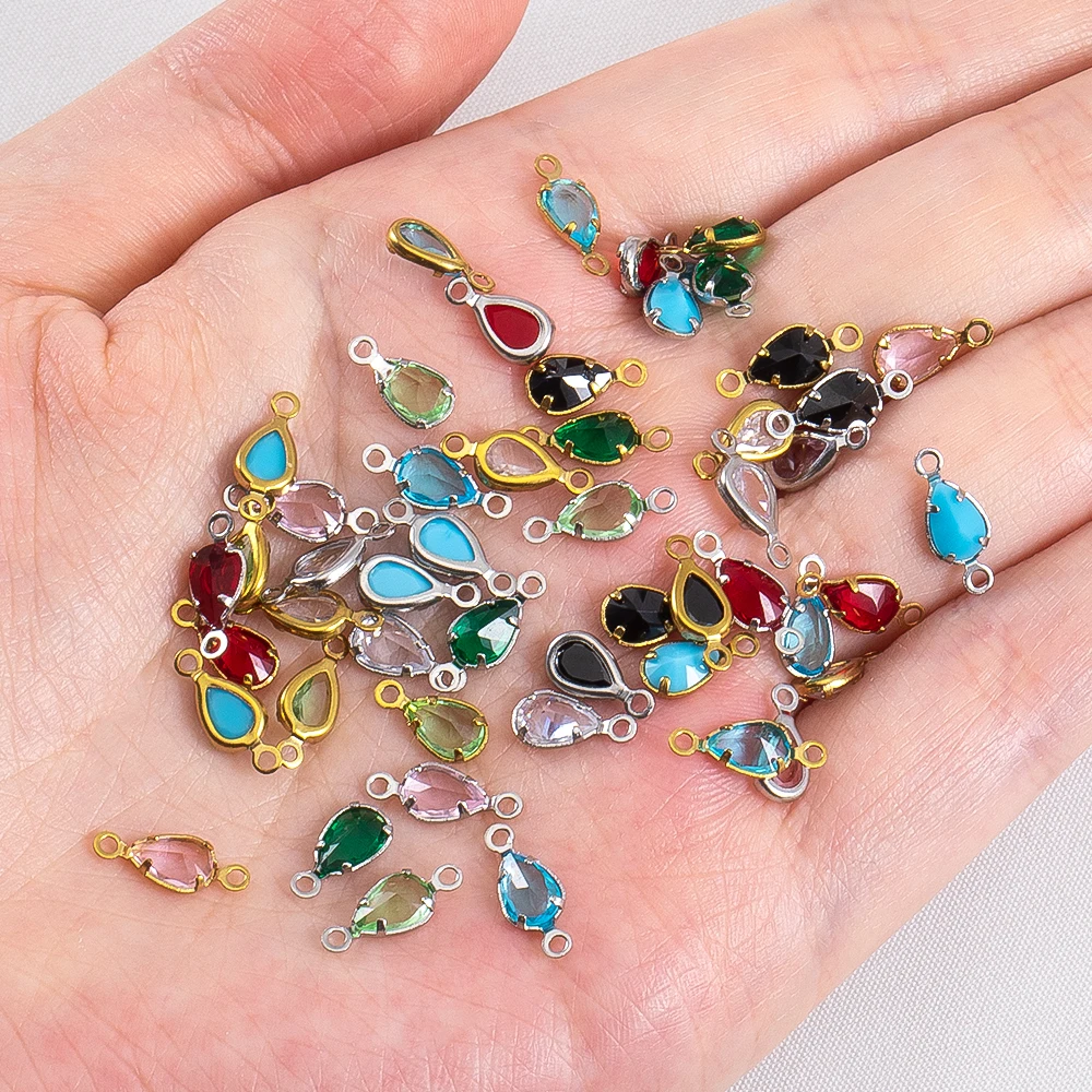 10PCS Stainless Steel Glass Teardrop Pendant Charm for DIY Bracelet Necklace Jewelry Making