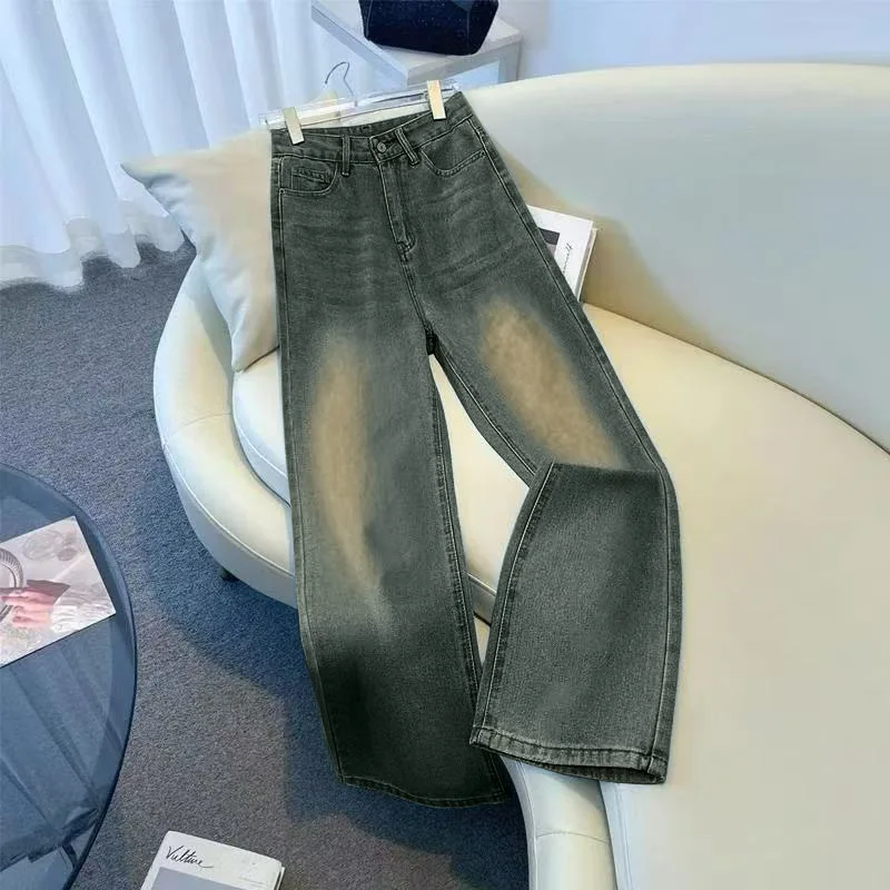 

High Waist Beaded Straight Leg Denim Pants Cotton Women's Fashionable Versatile Casual Jeans