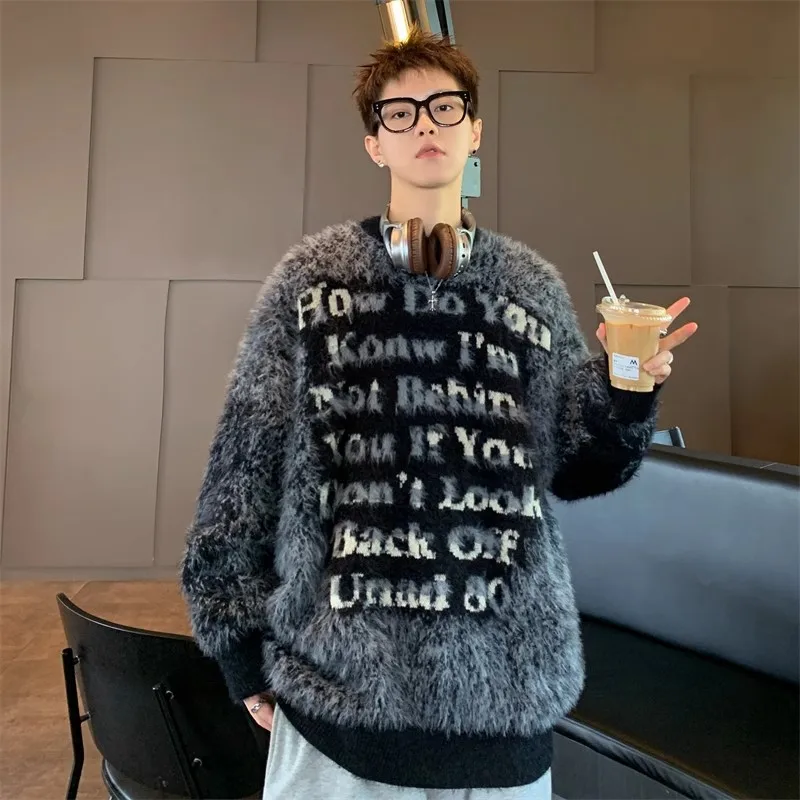 Winter New Men Letter Patterned Sweater Plush and Thick Round Neck Loose and Warm Knit Sweater Top Fashion Long Sleeve Knitwear