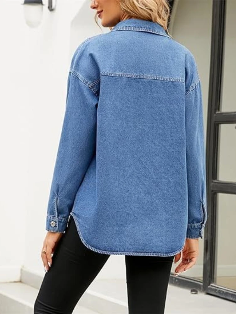 New Washed Loose Long-sleeved Denim Shirts for European American Women, Spring and Autumn Fashionable Four-button Shirt Jackets view 5
