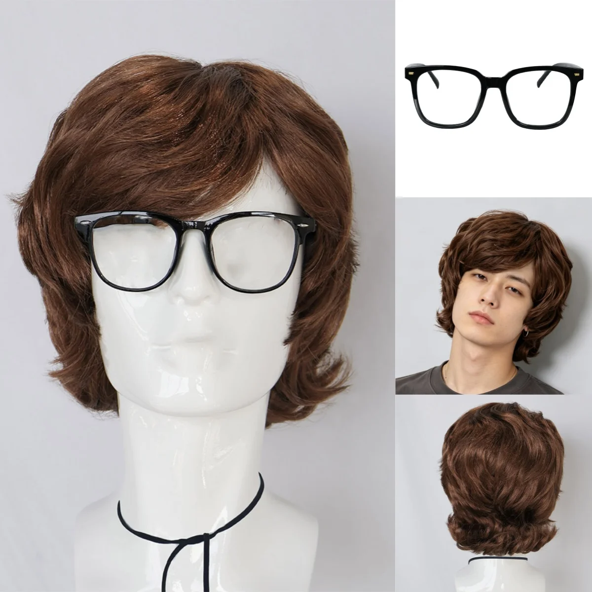 Synthetic Brown Short Roll Men Wig Paired With Black Framed Glasses, For Creative Parties And Comedy Styling for Dress Up Wig