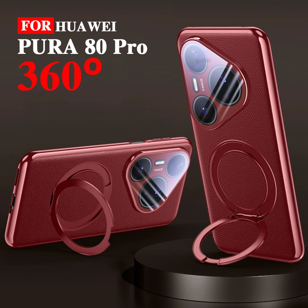 

Leather Case For HUAWEI PURA 80 Pro PURA80 2026 Stand Strong Magnetic Skin-friendly Feel Protective Plating Ring Holder Cover