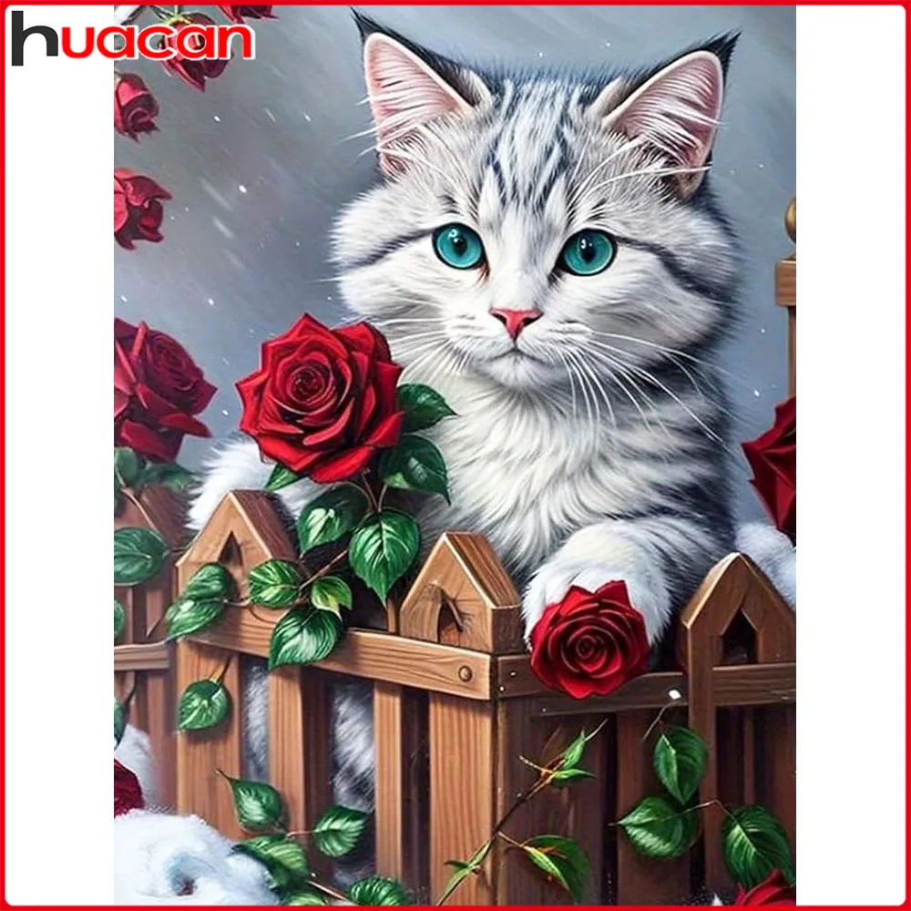 Huacan Neuheiten Diamantmalerei Katze Rose Diamant-Mosaik Tier Blume Komplettes Set Handgemachtes Geschenk