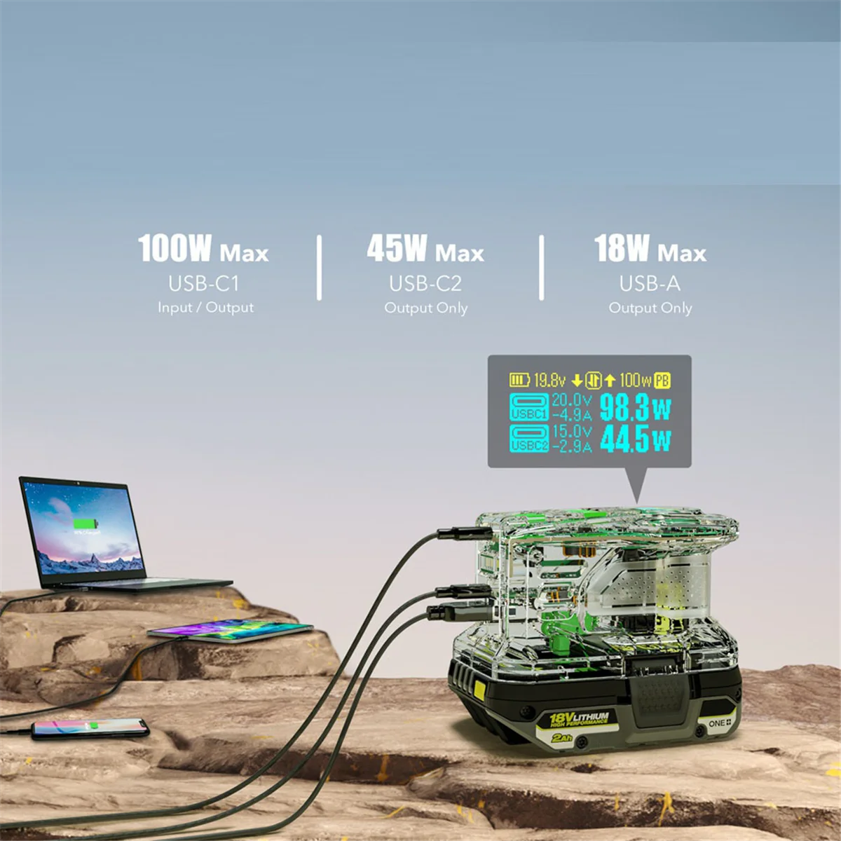 شاحن سريع RYOBI 18 فولت واحد + شاحن بطارية بطارية ليثيوم 100 واط شحن سريع منفذ USB شاحن ثنائي الاتجاه