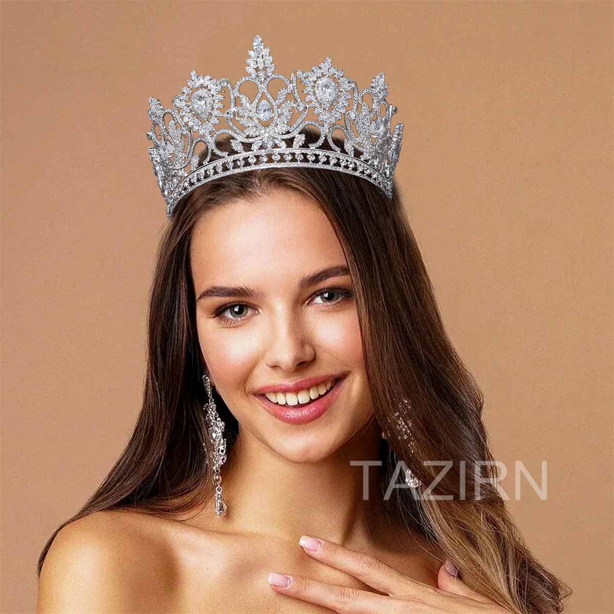 TAZIRN New 5A Zirconia Wedding Big Tiaras for Women Bridal Large Crystal CZ Crowns Luxury Silver Plated Hair Accessories Jewelry