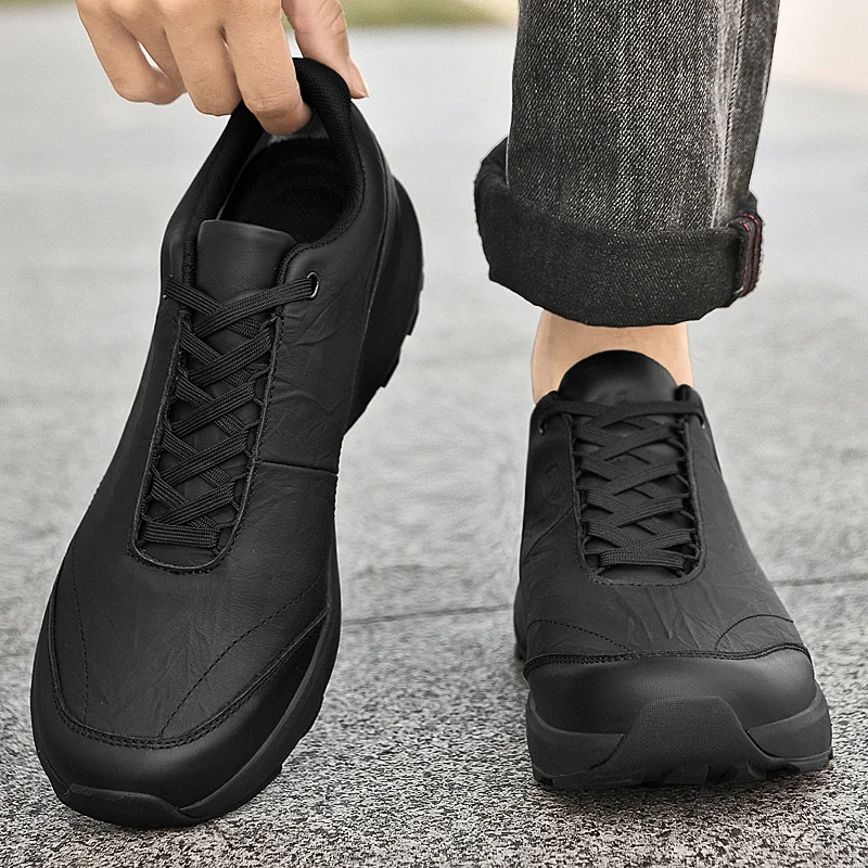 High Quality Men's Comfortable Lace Up Casual Leather Shoes Black Men's Spring Outdoor Breathable and Non Slip Sports Shoes