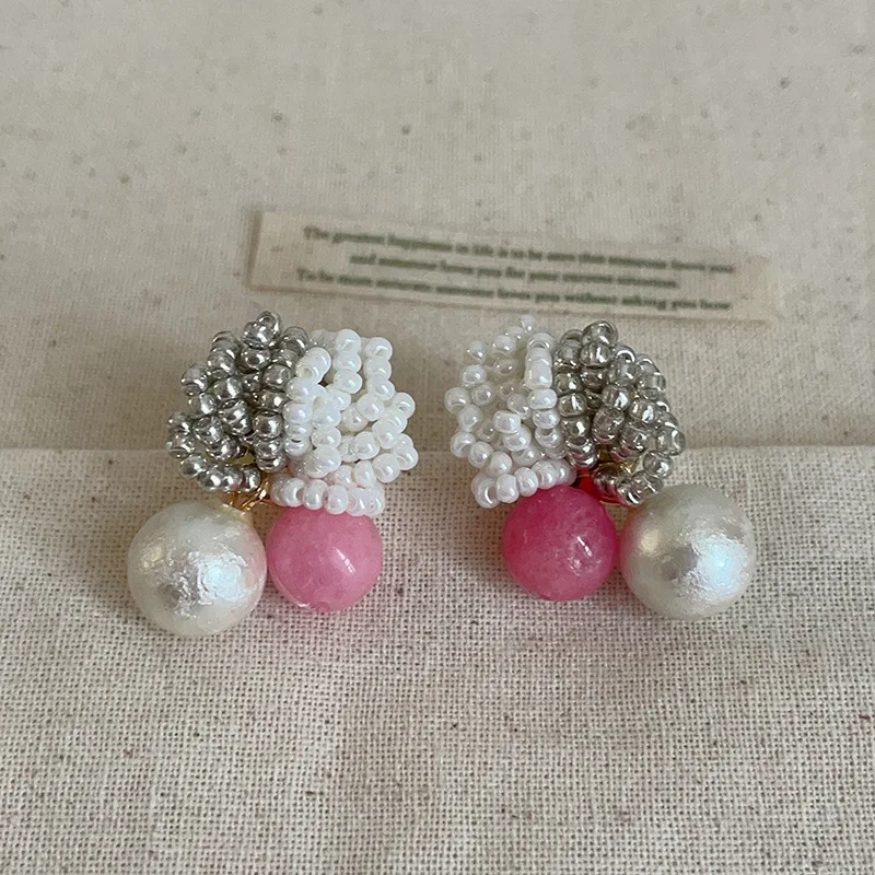 Minar Unusual Pink White Mix Color Imitation Pearl Miyuki Treand Strand Flower Drop Earrings for Women Female Every Day Jewelry