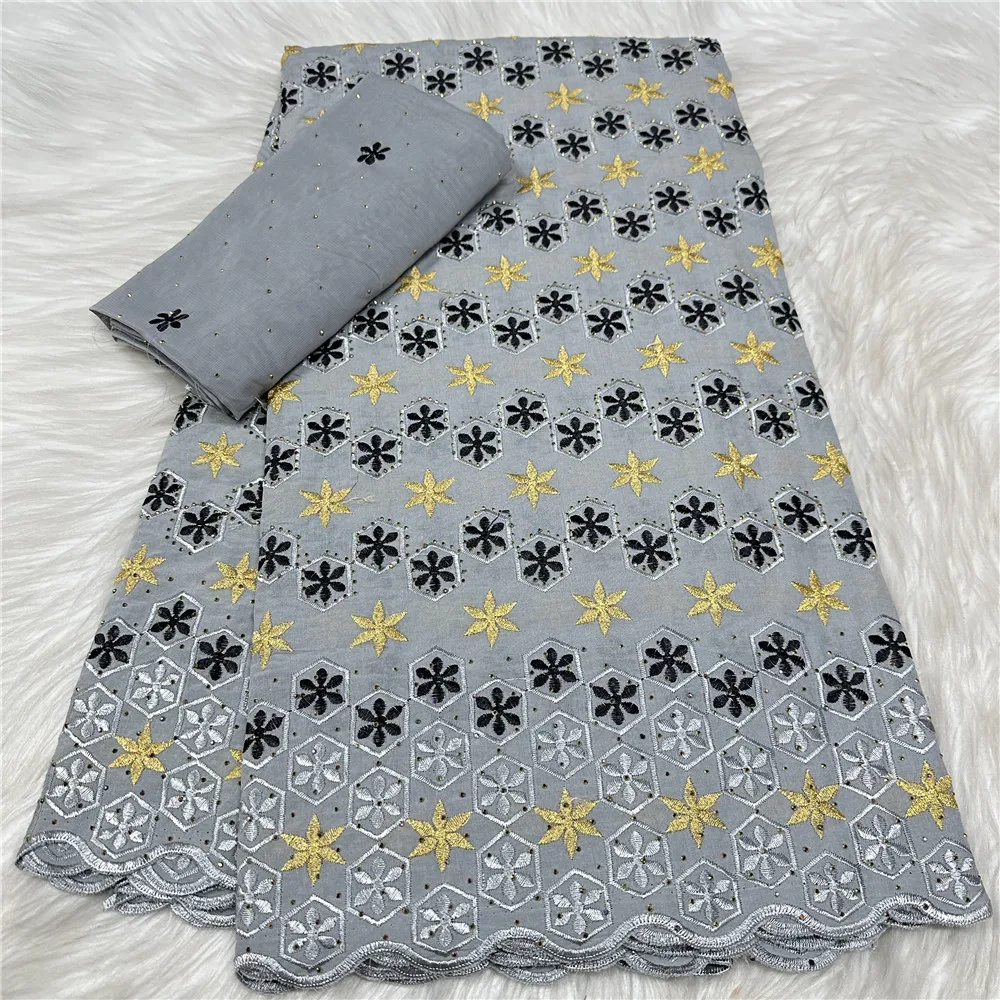 Hot Sales African 100% Cotton Lace Fabric 5+2 Yards Swiss Voile Lace with Stones for Sewing Wedding Party Dresses 31A32