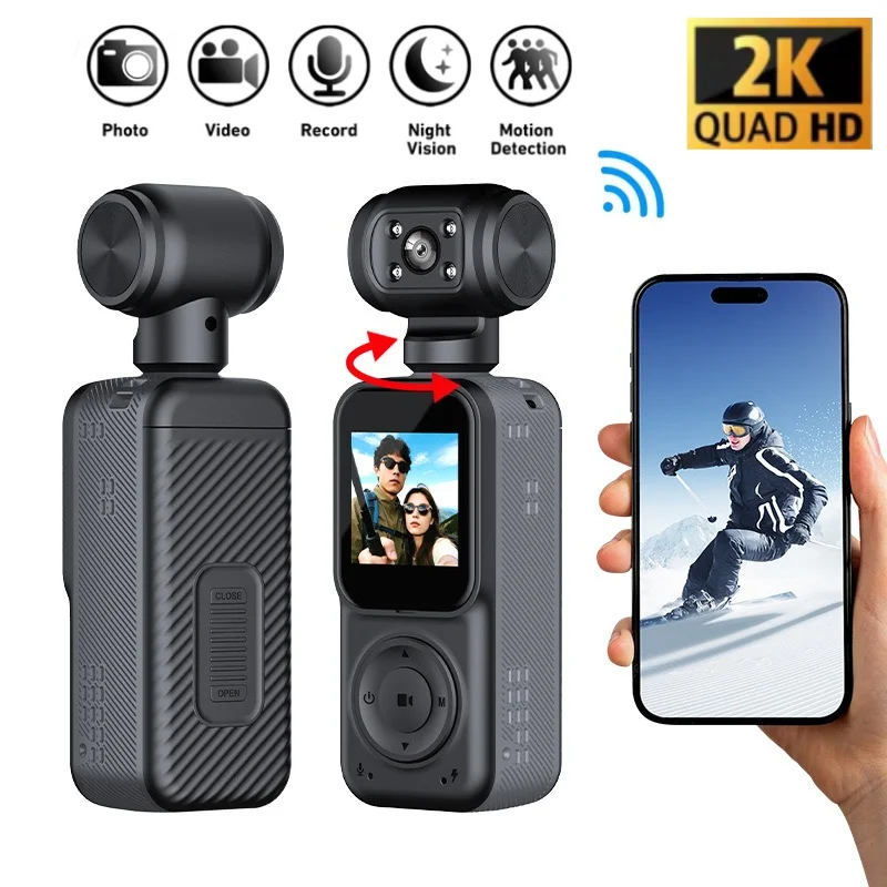 2025 Cámara de bolsillo deportiva portátil 2K Pantalla 1440P 270 ° Cámara giratoria del cardán del movimiento de la visión nocturna del grabador de vídeo del control WIFI