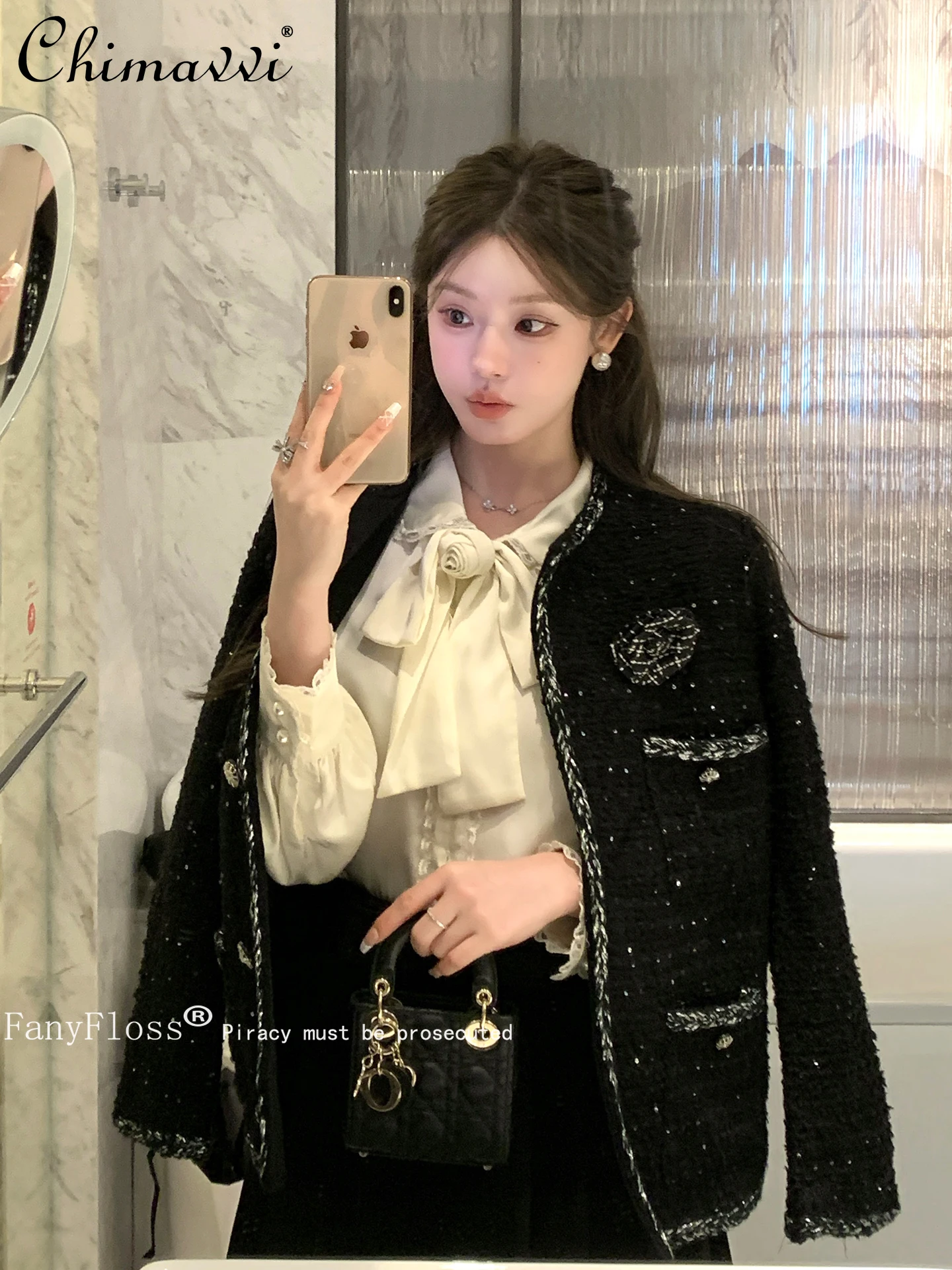 

High-end Black Floral Sequin Tweed Short Coat 2025 Autumn Winter New Fashion Long Sleeve Luxury Woven Woolen Jackets Top