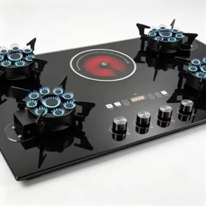 Built-In 4 Gas & 1 Electric Glass Hob Stove 4 Flip-Up Burners Electronic Ignition Multifunctional Fast Heating for Household Use