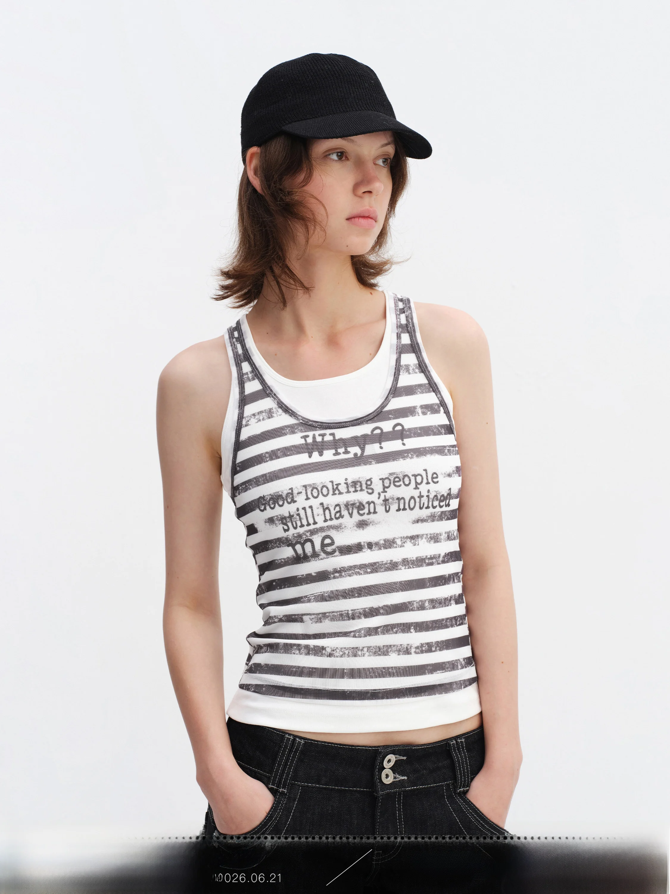 

Summer Outdoor Women's Slim Fit Tank Top with Letter Print And Stripe Design Sleeveless Vest Casual Style High Elasticity