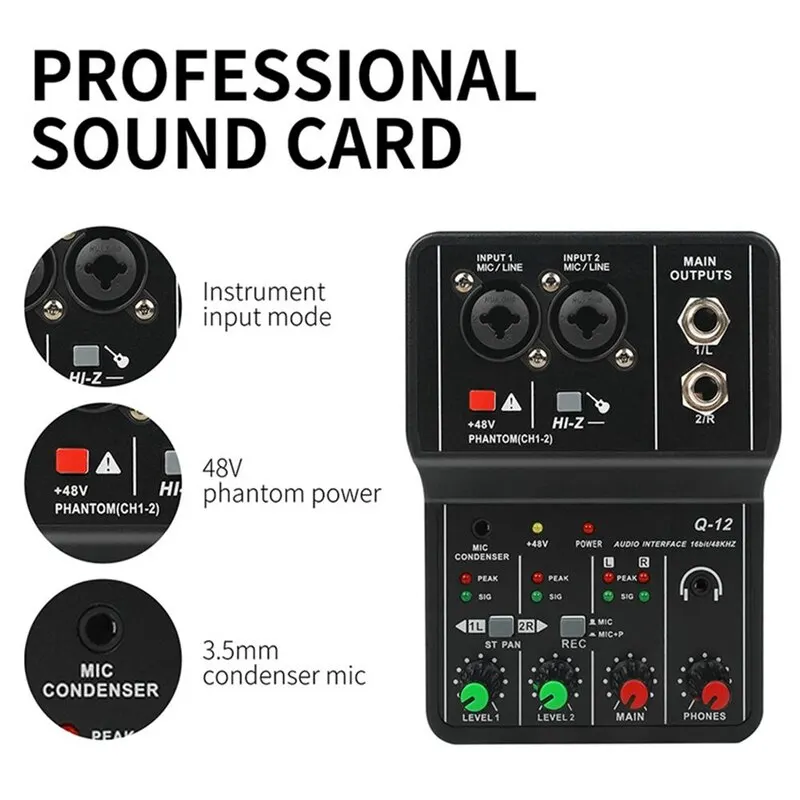 Q-12 kartu suara Mixer portabel, kartu suara Mixer portabel profesional dengan Monitor gitar listrik rekaman siaran langsung untuk Studio bernyanyi komputer PC