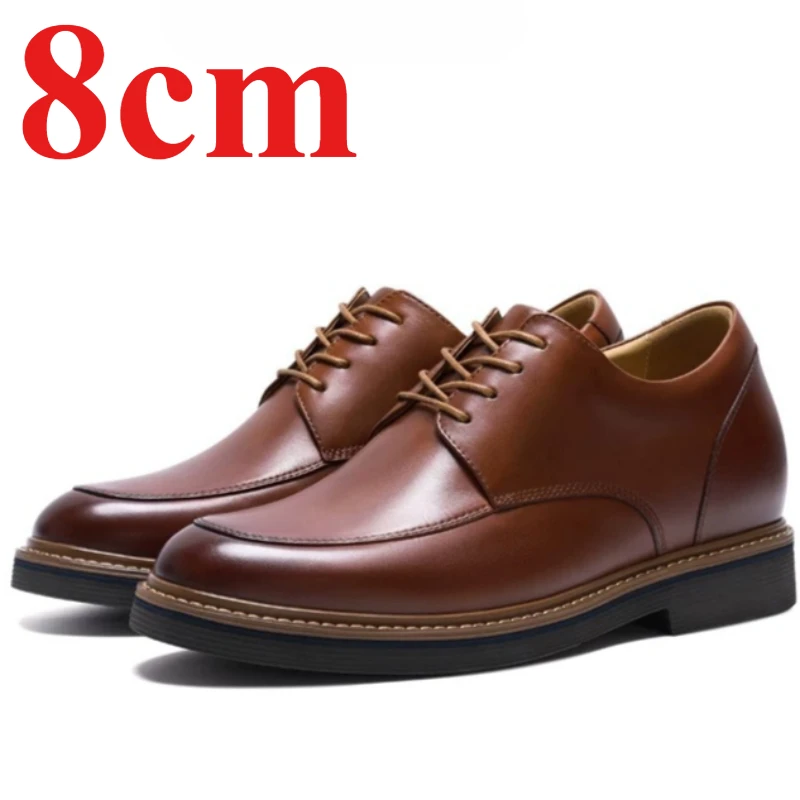 Invisible Inner Height-increasing Shoes 8cm Men's Dress Leather Elevator Shoes Genuine Leather Brown Office Wedding Derby Shoes