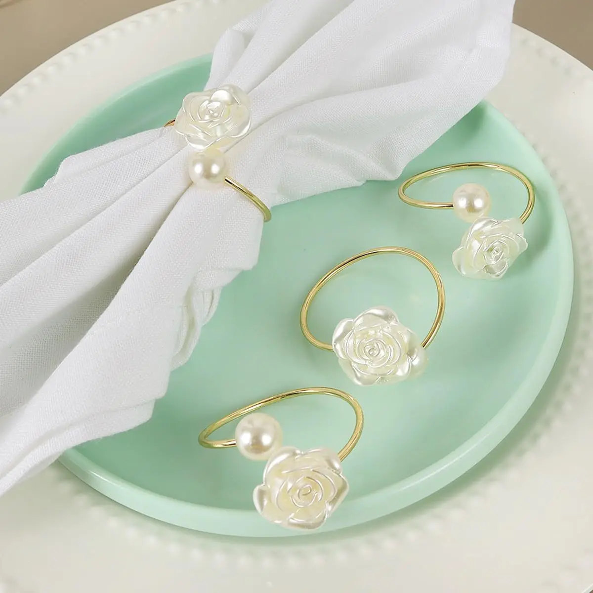 20 Pcs  Rose & Pearl Napkin Rings - Elegant Floral Table Decor for Weddings, Parties, Hotel,Wedding Table Settings
