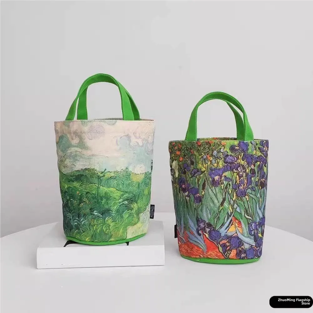 Fashionable Large Capacity Canvas Bucket Bag Artistic Handheld Retro Japanese Style Vincent Van Gogh Starry Night Handbag - view 2