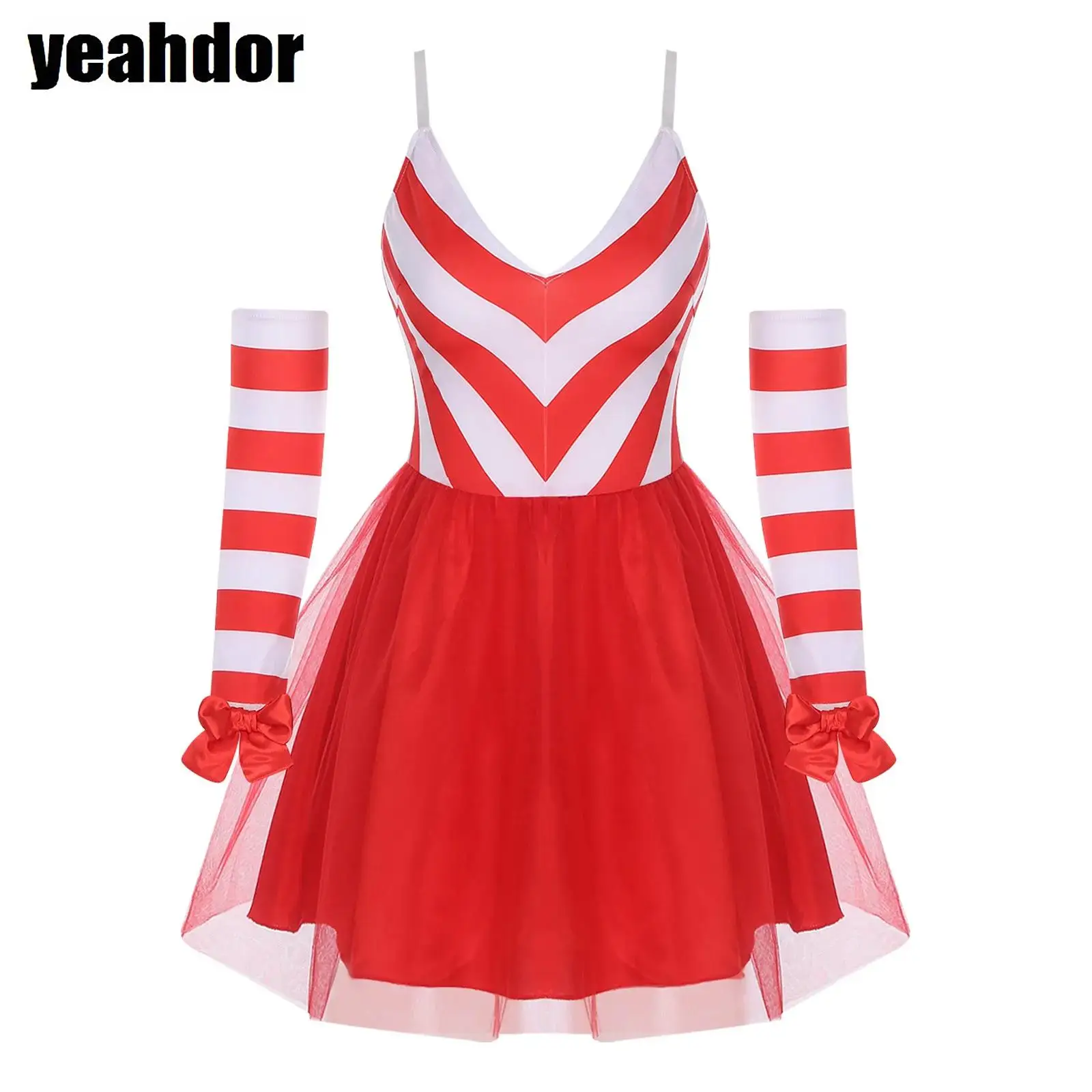 

Women Christmas Santa Claus Costume V-neck Candy Cane Striped Ballet Tutu Dance Dress Gymnastics Leotard Tulle Dress with Gloves