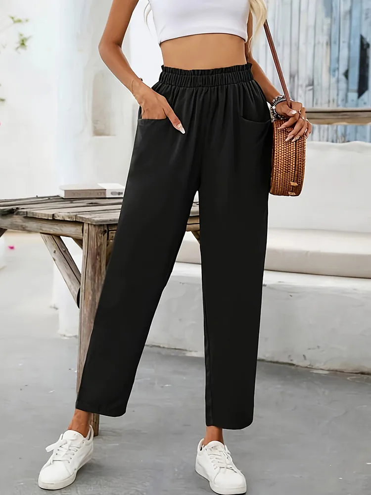 Novedad de verano informal negro para mujer, pantalones holgados de cintura alta a la moda, pantalones básicos lisos de verano, ropa de calle, pantalones para ir al trabajo en oferta