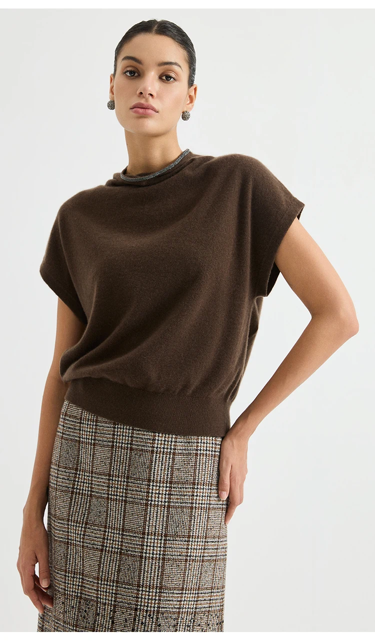 BY4621755 Damen-Weste mit Stehkragen, 100% Kaschmir, Oversized, ärmellos, mit Kettendetails am Rücken und Schlitz, dezenter Luxus für den frühen Herbst. – Detail 6