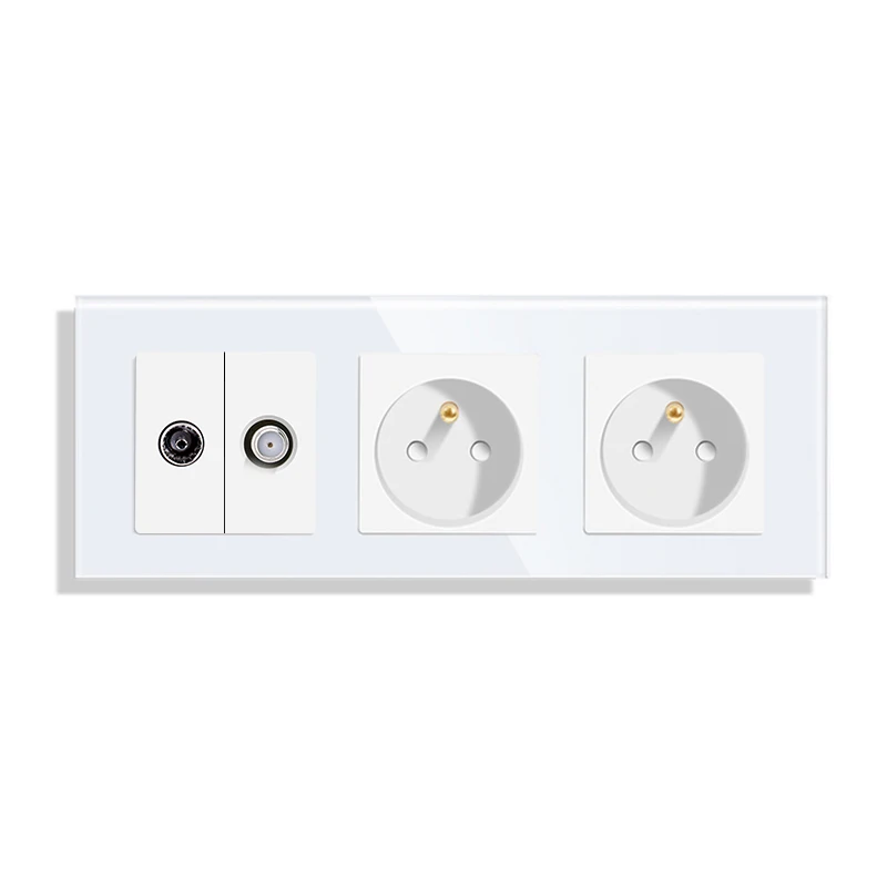 Bingoelec French Standard Wall Socket with TV ST Power Outlets Crystal Glass Panel Double FR Sockets White Black Golden Grey