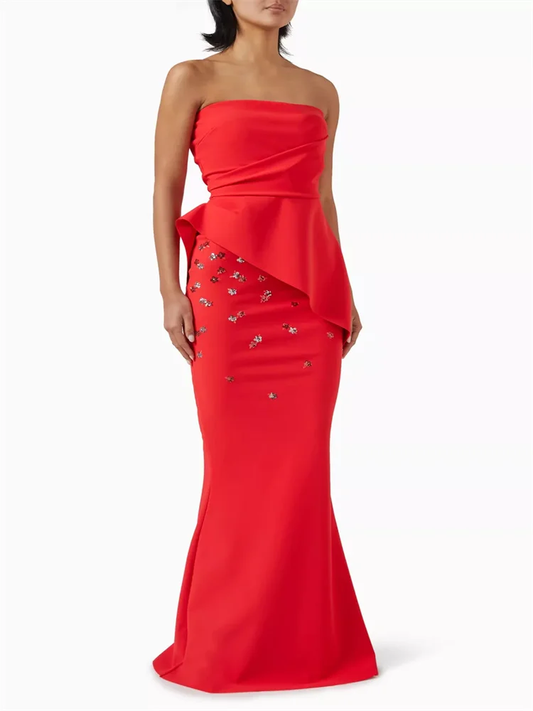 

Customized Elegant Red Beaded Formal Evening Dress For The Evening Dress With Irregular Waist Skirt Beaded Fishtail Dress