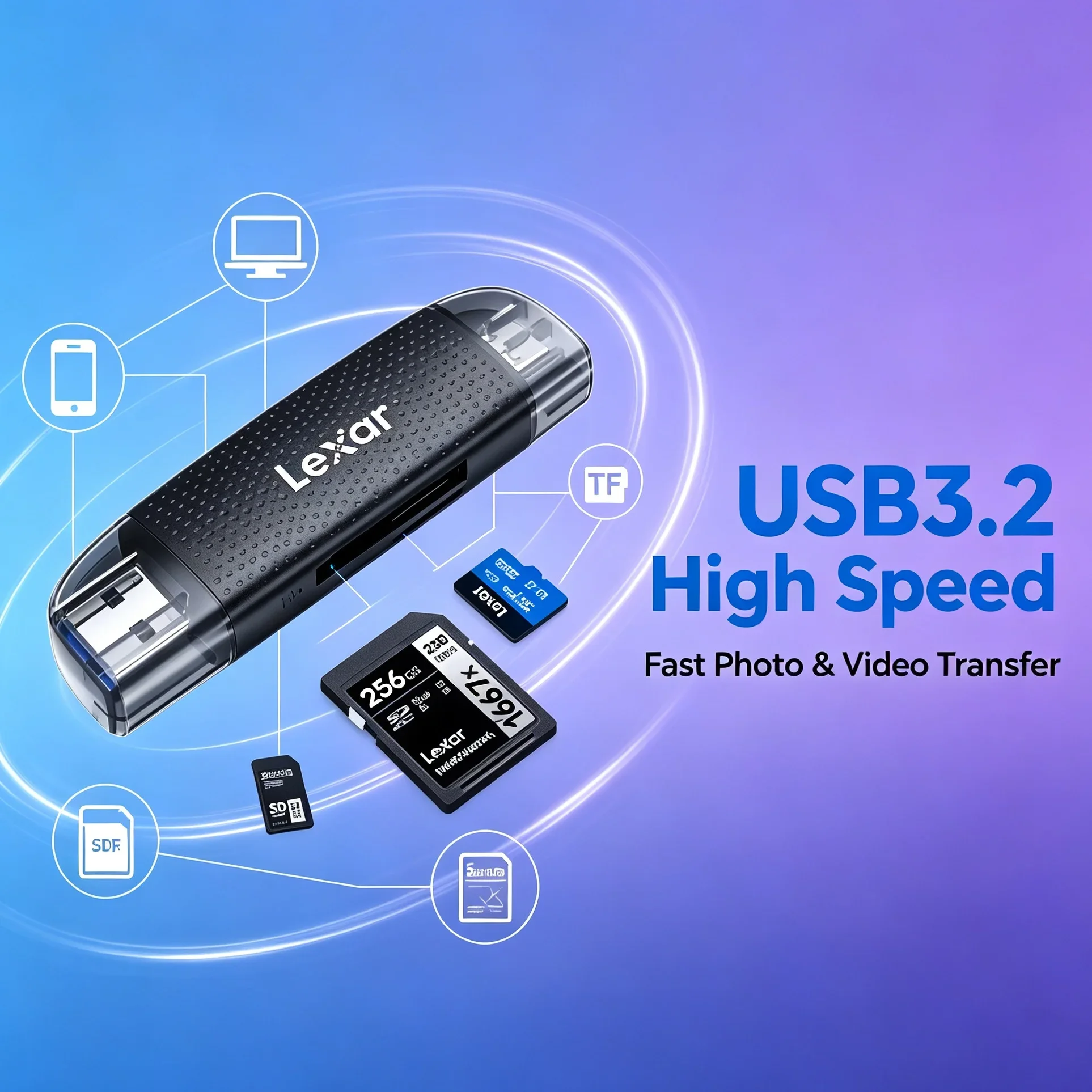 Lexar 2 in 1 Card Reader USB3.2 Type C USB-A Connector Max 205Mb/s SD MicroSD TF Card Reader for Smartphone Notebook