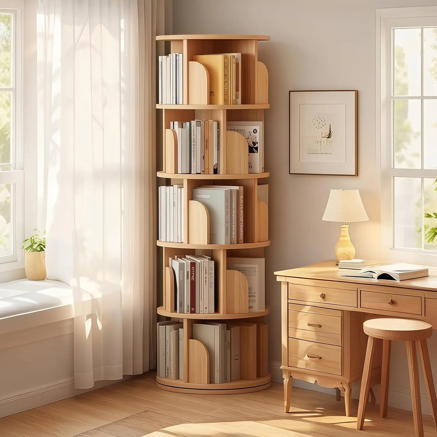 5 Tier Rotating Bookshelf 360° Spinning Tower Space-Saving Narrow Rolling Storage Small Space Corner Bedroom Office, Customized