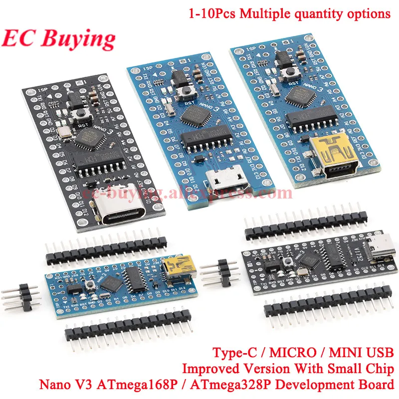 1-10Pcs Nano V3.0 Mini Type-C Micro USB ATmega168P ATmega328P MCU Core Development Board CH340 16Mhz Improved Module for Arduino