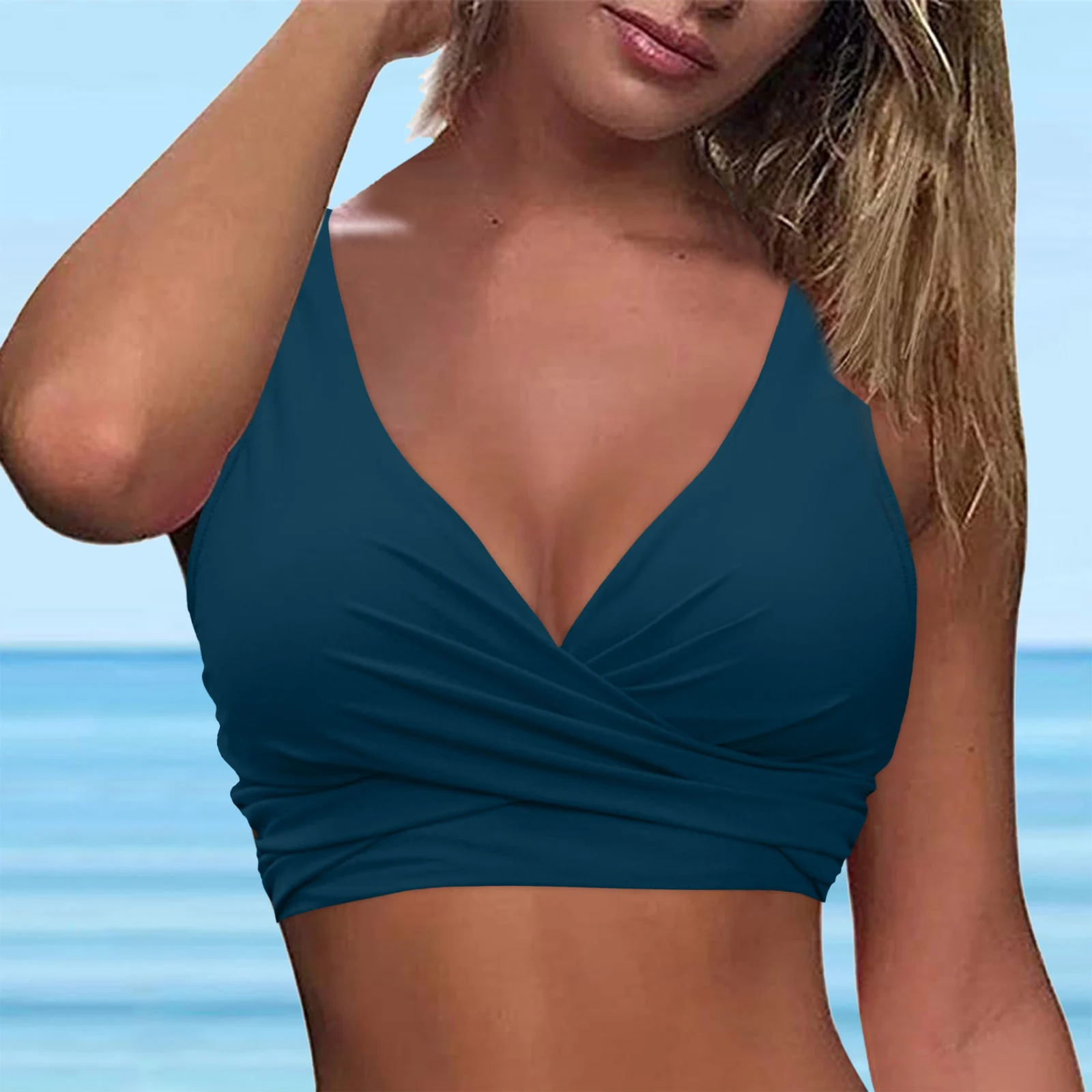 One Piece Sexy Push Up Bikini Tops Solid Color Ruched V Neck Crop Top Swimwear 2024 Cross Lace Up Backelss Maillot De Bain Femme