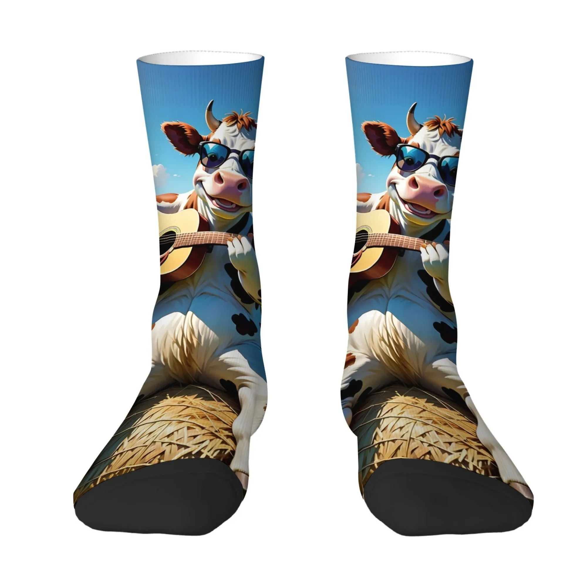 

Funny Cow Face Novelty Socks with Guitar Mid-Calf Length Comfortable Casual Themed Party Playful Style for Festive