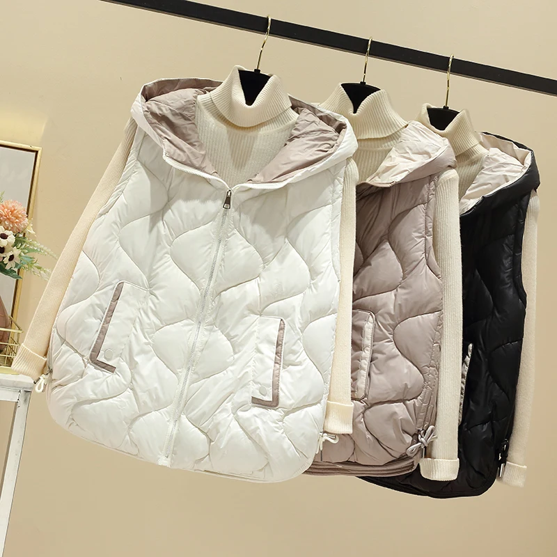 Damska kamizelka puchowa z bawełny, nowy design na jesień i zimę 2025, modny fason z małym, błyszczącym wykończeniem, z kapturem, hit tego roku...