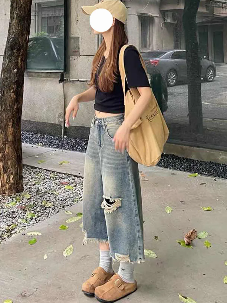 plus Size Vintage ort Jeans Women Loose Fit High Waist Distred Denim orts Autumn Winter Waed Wide Leg Straight Cut P...