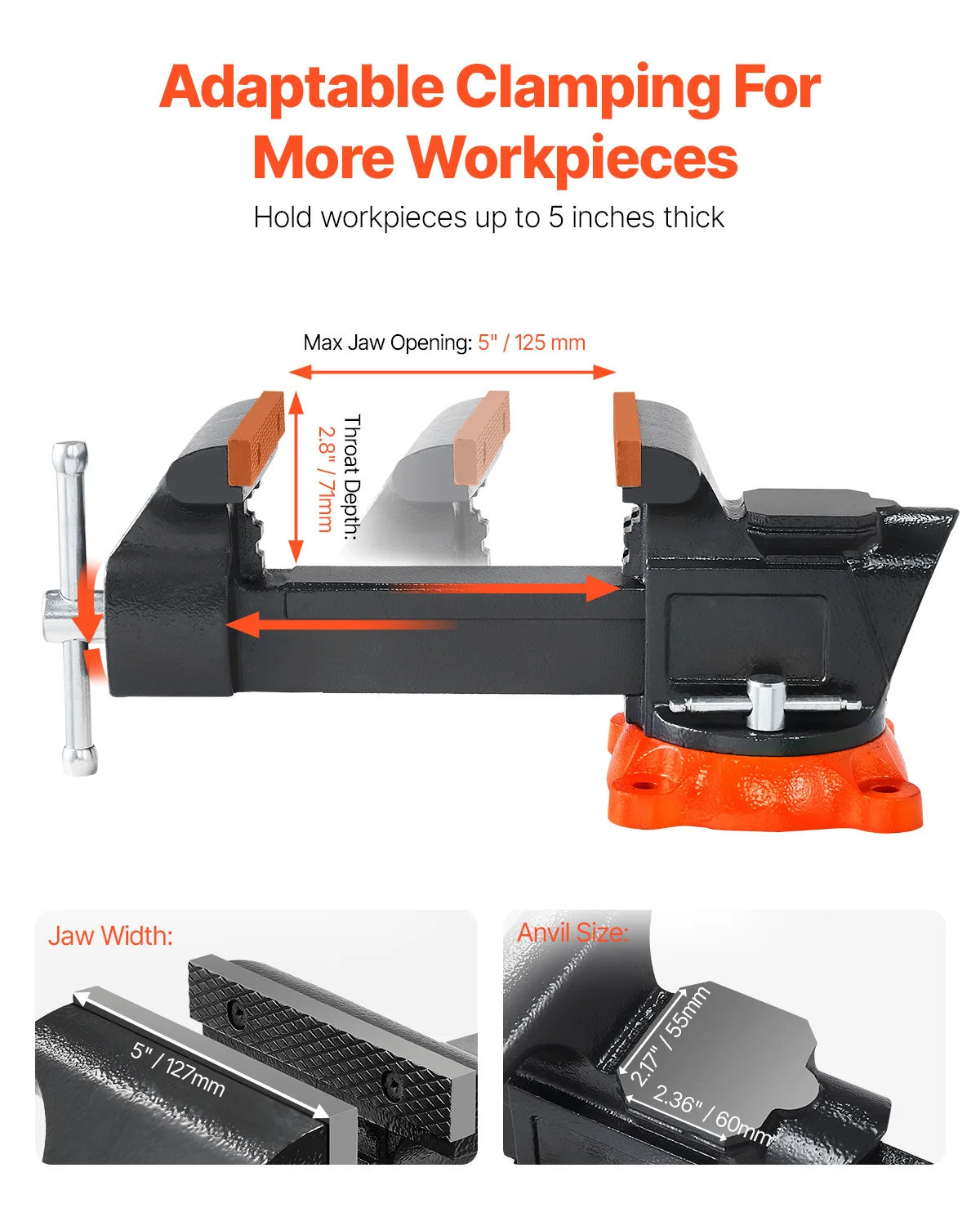 SucceBuy Bench Vise 5"/5.5"/8" Jaw Width Multipurpose Vise with 360° Swivel Locking Base Vise with Anvil for Clamping Round Pipe