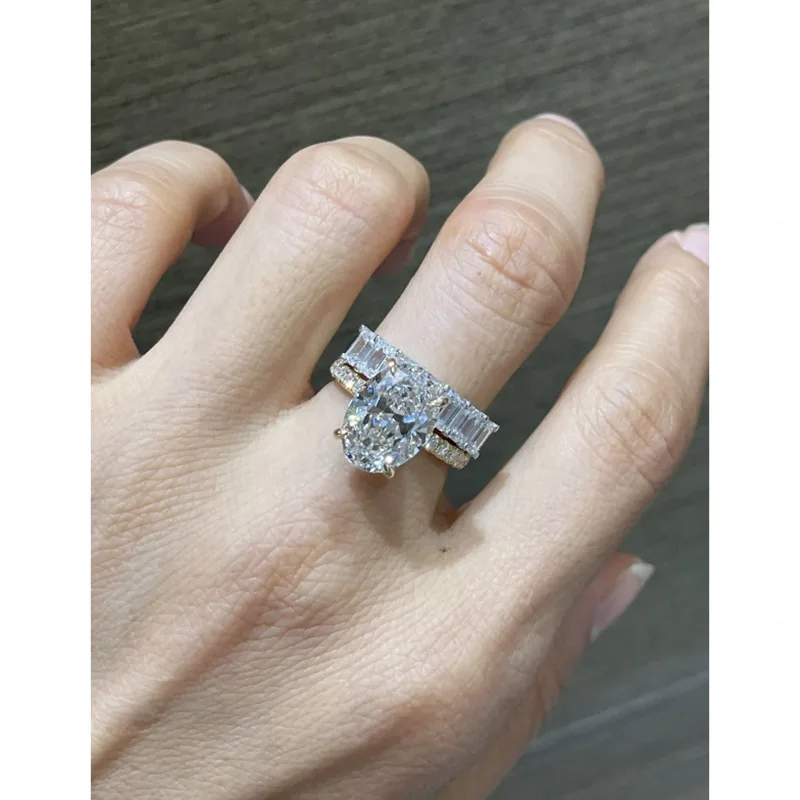 New 100% S925 silver gold-plated simulated diamond oval 8 * 12 Redion diamond bottom cutting fashionable women's wedding jewelry