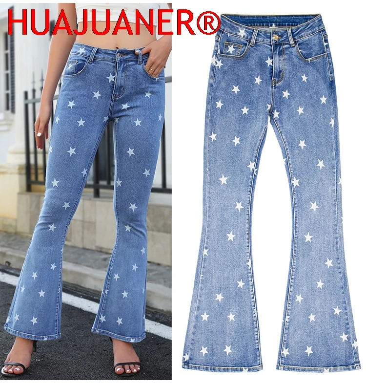 

Jeans Flare Pants Women Boot Cut Streetwear Trousers Pentagram High Waist Stretch Washed Vintage Distressed Denims Floor Length