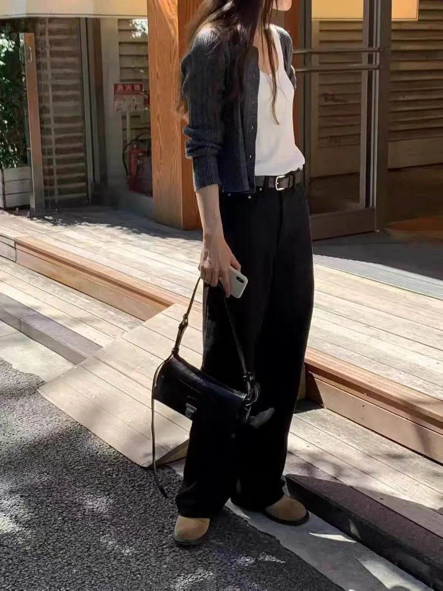 Hoge taille rechte pijpen Casual pure kleur OUNCE Jeans Ele Herfst Winter Dames Loose Fit Comfortabel ademend denim