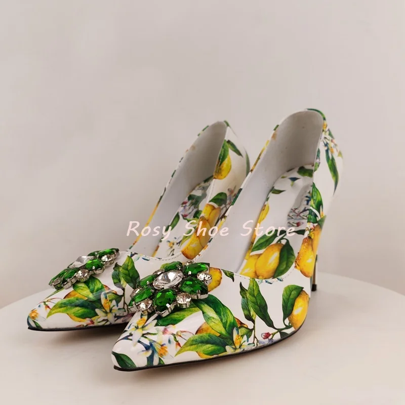

Exquisite Printed Luxury Sparkling Crystal Diamond Buckle Decor Pumps Fashion Point Toe Slip On Pastoral Wedding Stiletto Pumps