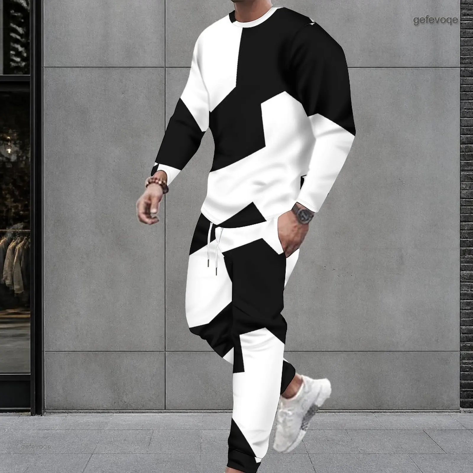 Men Black White Geometric Color Block Printed Round Neck Long Sleeve Top And Cuffed Pants Two Piece Set