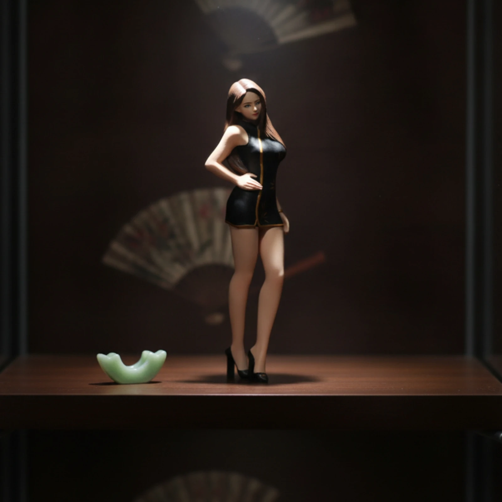 Miniature with Qipao Dress Collectible Female Figurine Qipao Figure Gold Trim Miniature Statue with High Heels Elegant