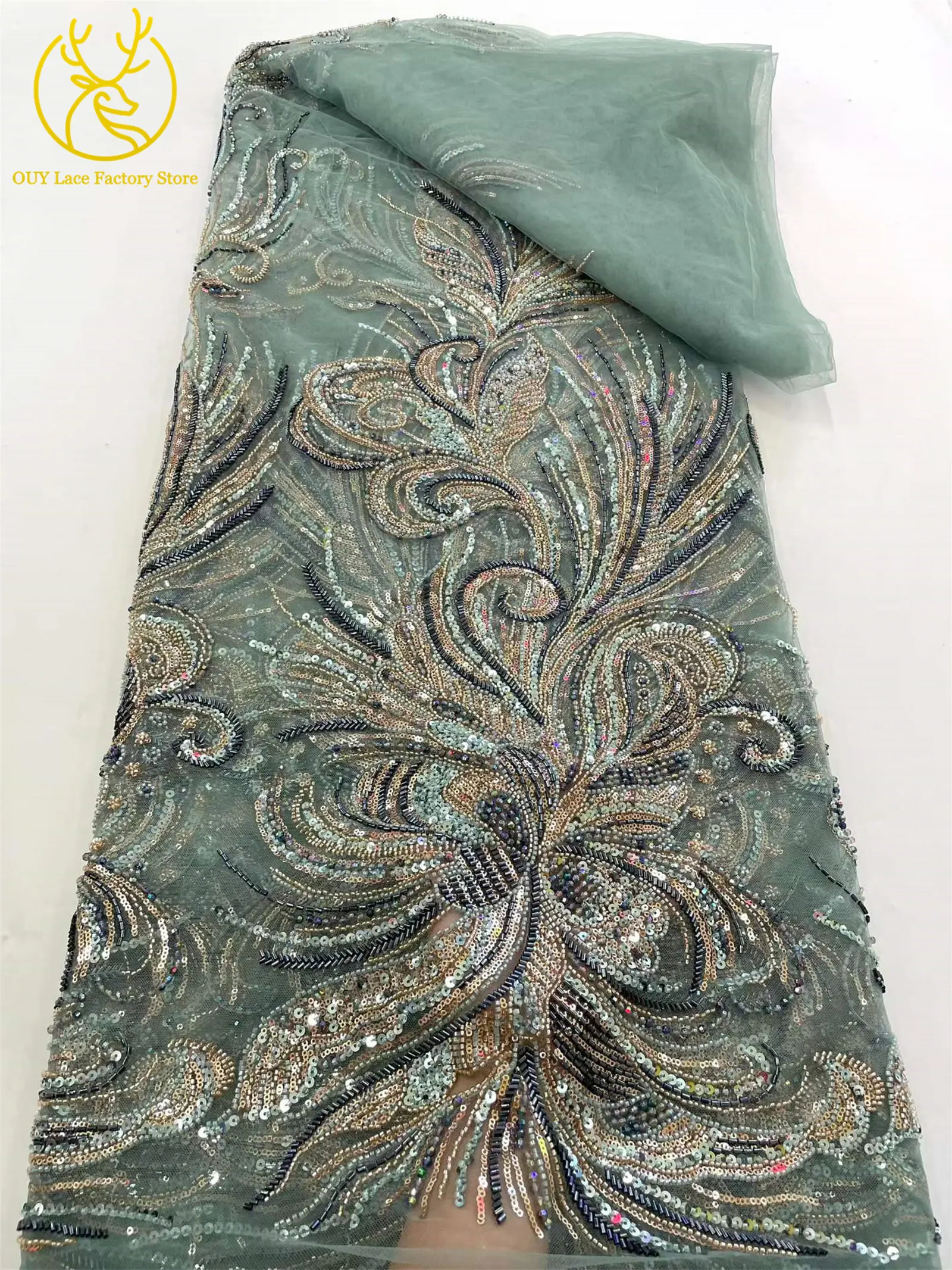 5 Yards luxuriöser afrikanischer Perlenstoff für Bräutigame 2026, exquisite nigerianische Pailletten-Stickerei-Spitze für Damen-Abendkleider zum Nähen – Detail 10