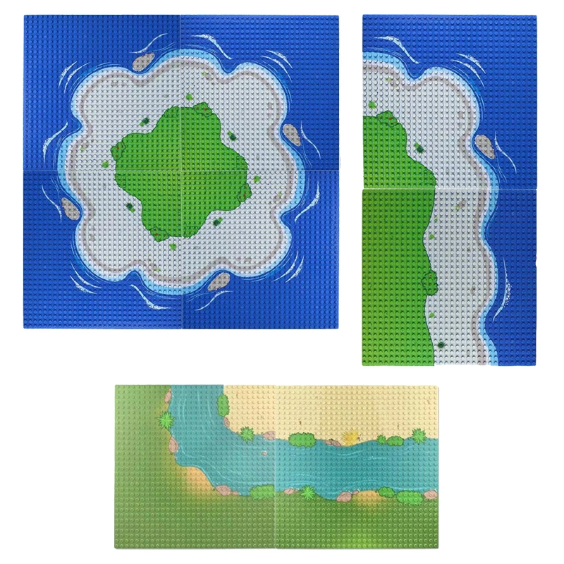 Placas base de bloques de construcción con fondo de pradera, río, isla y océano de 10x10 pulgadas, compatibles con bloques comunes (32x32 puntos)