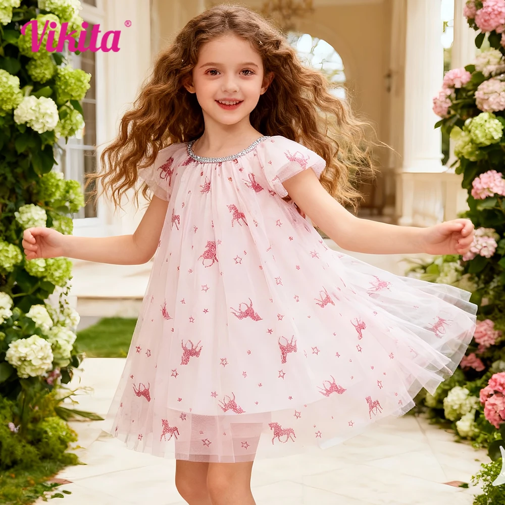 Vikita meninas vestido de tule rosa crianças glitter unicórnio estrela impressão manga alargamento princesa fada festa vestidos crianças roupas