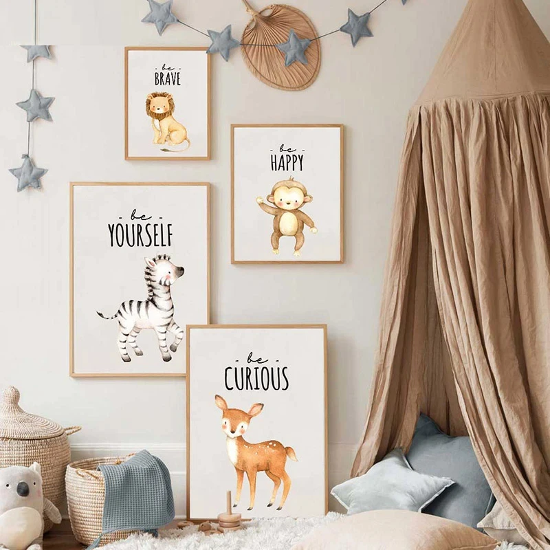 

Nordic Print Kawaii Animal Lion Zebra Poster Motivational Nursery Quotes Painting Wall Art Picture Mural Baby Kids Room Decor