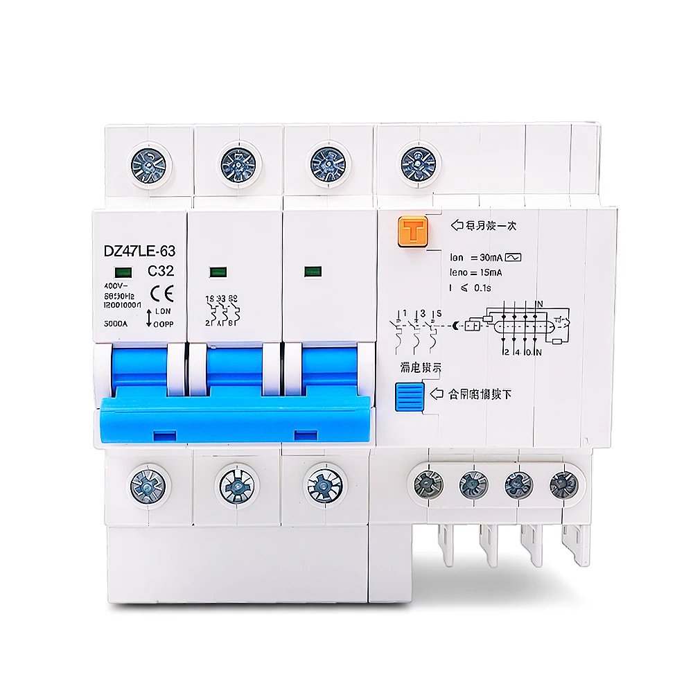 1Pcs DZ47LE-63 3P+N 40A 400V 4-Module RCCB with Neutral Line Protection for Three-Phase Systems
