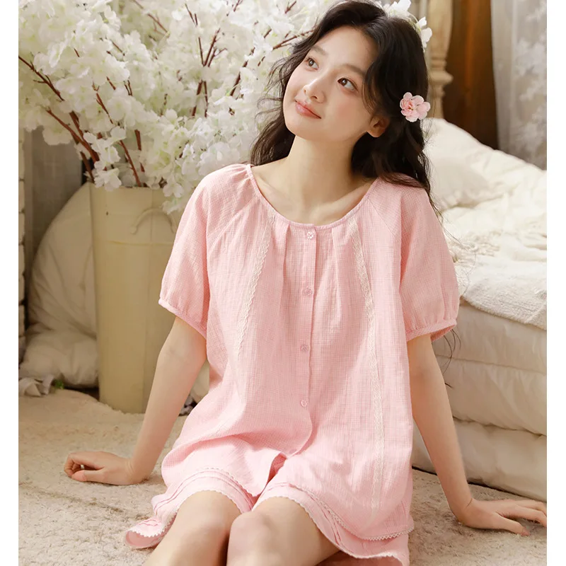New Soft 100% Cotton  Round Neck Solid Color Pajamas Sets For Women Summer Loose Shorts  Nightwear Girls  Home Cothes
