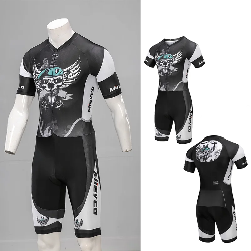 Punk Skull Print Short‑Sleeve One‑Piece Triathlon Suit, Professional Wind‑Resistant Integrated Swimming Running Cycling Skinsuit