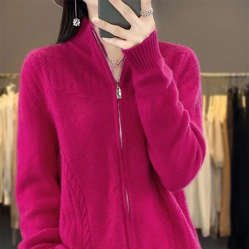 

Ladies Sweater Semi-high Collar High Quality Knitwear Cardigan Women's 2026 New Autumn Winter Retro Coat Zipper Loose Jacket Top