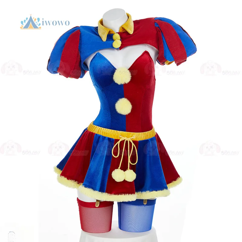 

Magical Circus Joker Women Cosplay Costume Halloween Blue Red Bodysuit Skirt Gloves Hat Outfit Christmas party Uniform