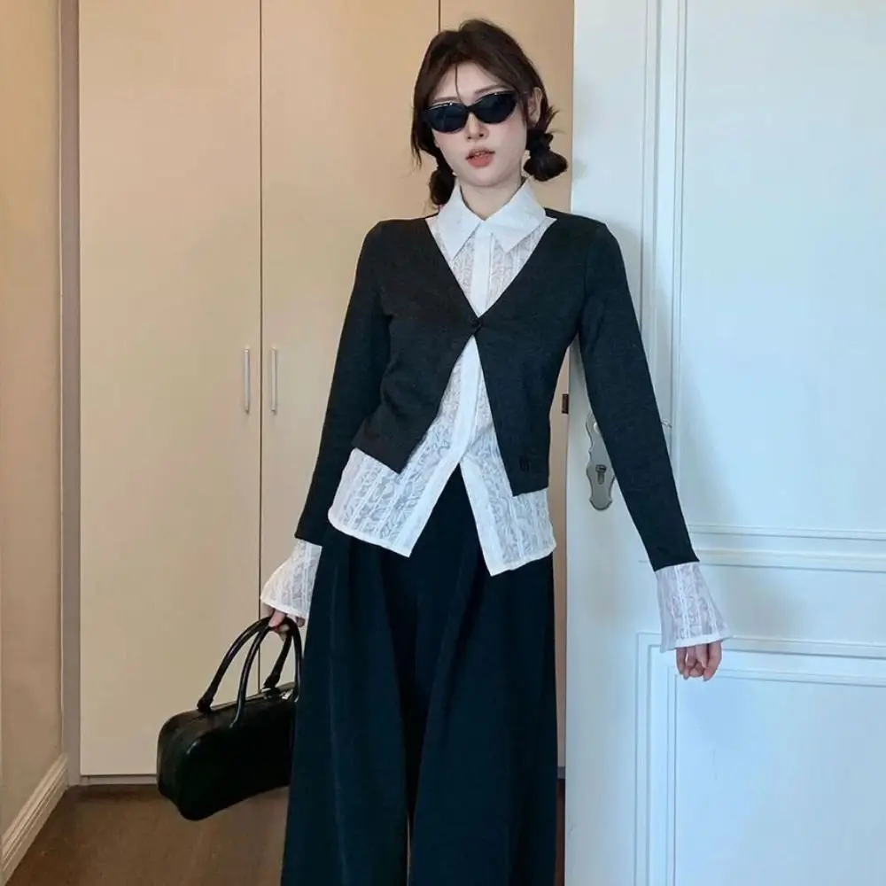

Harajuku Slim Fit False Two-piece Top Flip Collar Sweet Lace Long Sleeved Knitwear Patchwork Cardigans Knitted Top Women Party